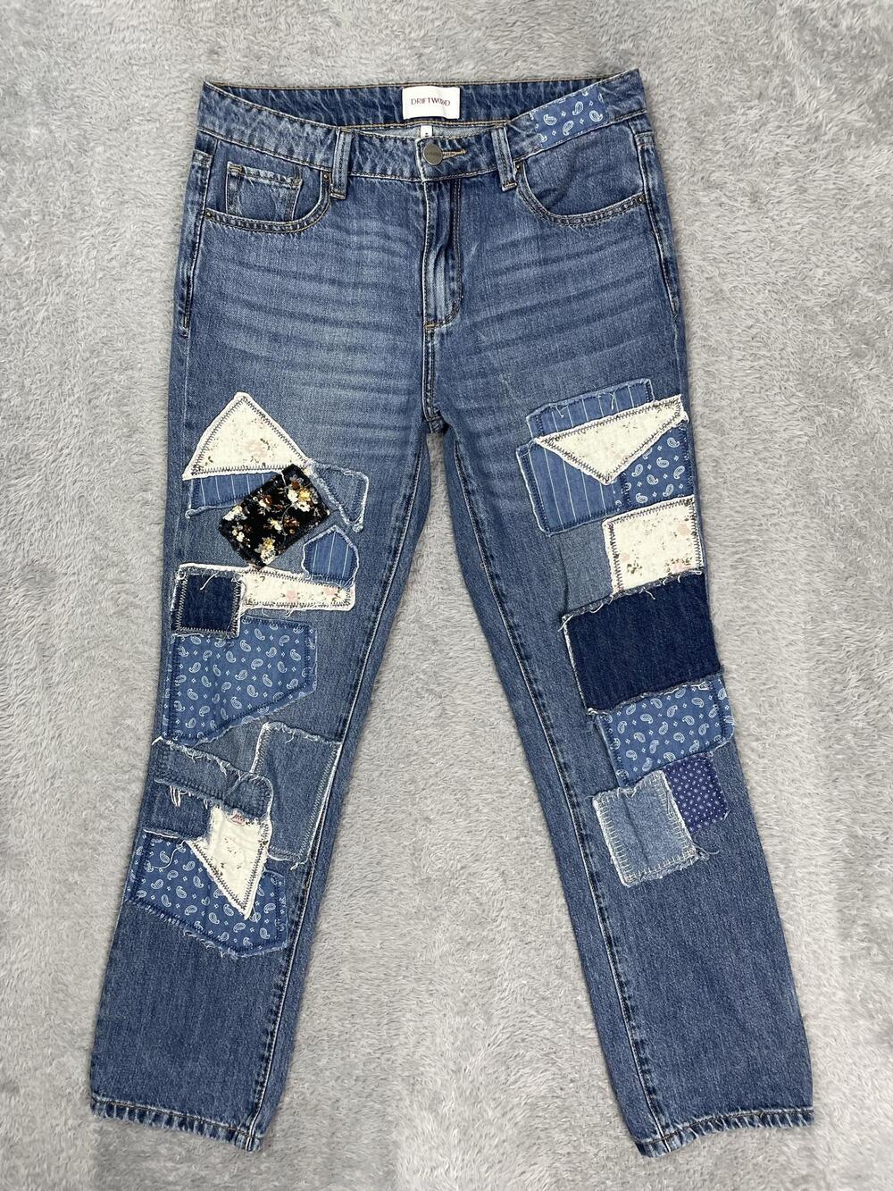 Driftwood Abbey Straight Jeans Womens 25* Blue Med Wash Mid Rise Patchwork Boho